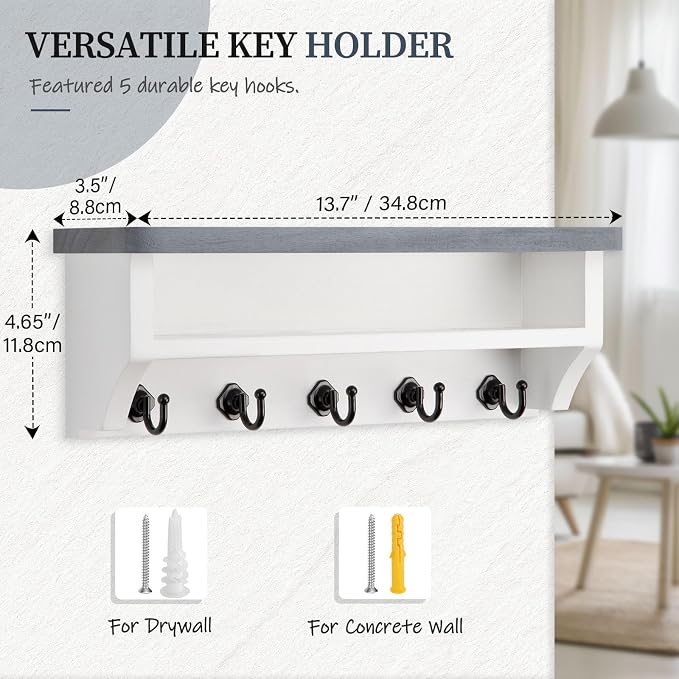 Nekon Key Holder Wall Mount, Wall Organizer Shelf with 5 Key Hooks, Room Decor for Home and Apartment Essentials, Gray and White