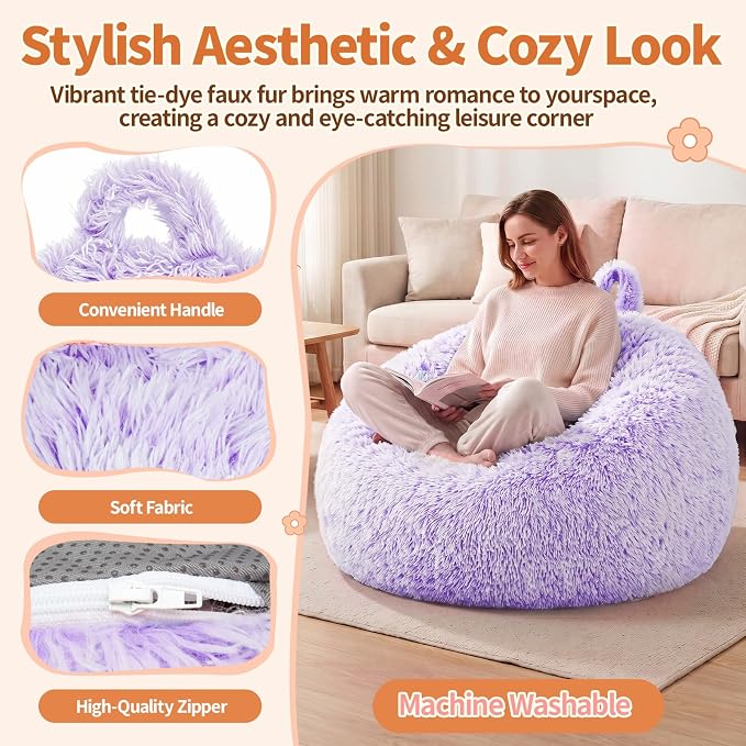 Stuffed Animal Storage Bean Bag Chair Cover, Soft Bean Bag Cover | Fluffy Faux Fur Stuffed Animal Storage Chair, Non-Slip Bottom, Fill with Plush Toys or Blankets, for Adults Teens Kids Girls