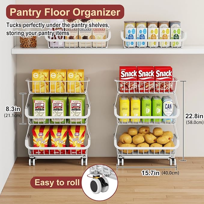 3-Tier Rolling Pantry Cart with Wheels, Stackable Wire Storage Floor Organizer for Kitchen Pantry Snack Shelves, Fruit Basket Stand, Vegetable Storage Rack for Food Snacks Onion Potato, White