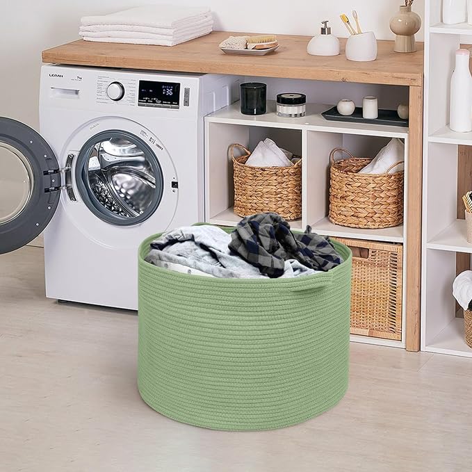 Extra Large Green Basket, 22" X 22" X 14" Woven Cotton Rope Baskets for Blankets, Nursery Laundry Basket, Cute Kids Toy Storage Bin, Green Living Room Bedroom Decor Baskets for Organizing