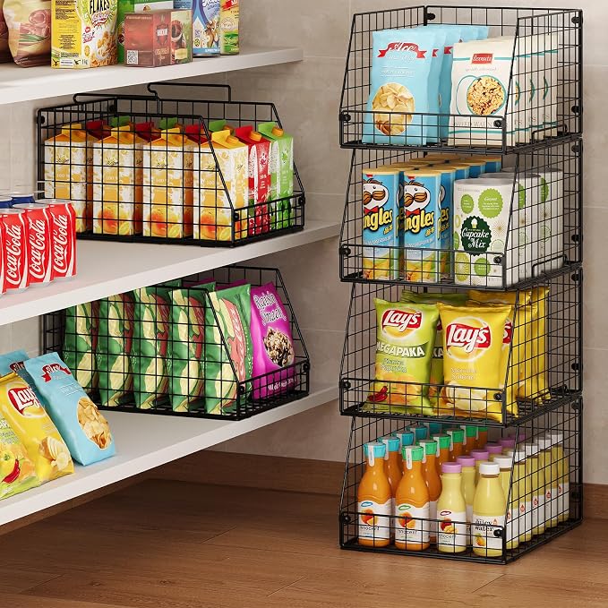 Jakyitvi 5 Pack XXL Stackable Wire Storage Basket, Extra Large Capacity Pantry Organizer and Storage, Muti-Purpose for Fruit Vegetable Basket & Toy Bin & Snack Organizer