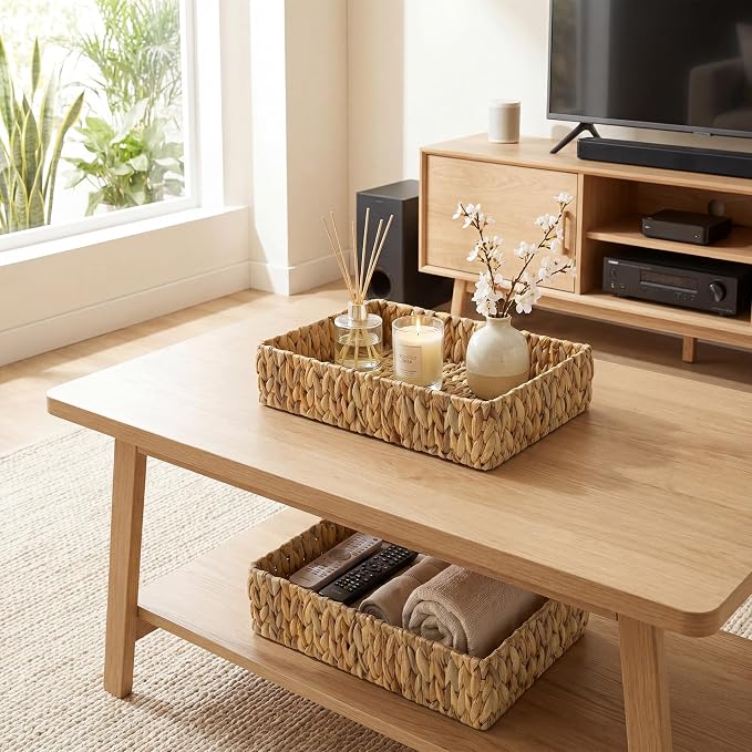 StorageWorks Large Bathroom Baskets, Wicker Storage Baskets for Shelves | Handwoven Water Hyacinth Storage Basket for Organizing, Shallow Rectangular Wicker Tray for Coffee Table, Natural, 2-Pack