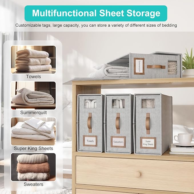 8 Pack Foldable Bed Sheets Set Organizers and Storage(Cal King Size),Linen Fabric Closet Organizers with Window,Folding Bedding Storage Box for Bedsheets and Pillow Cube Organizer-Gray