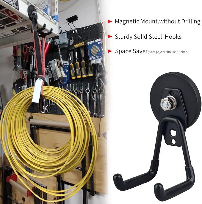 Magnetic Hooks Heavy Duty Garage Hooks Tools Organizer Anti-Slip Strong Magnetic Hooks Utility Magnet Hanging Hooks for Garage, Warehouses, Kitchen, Power Tools 2PCS Black