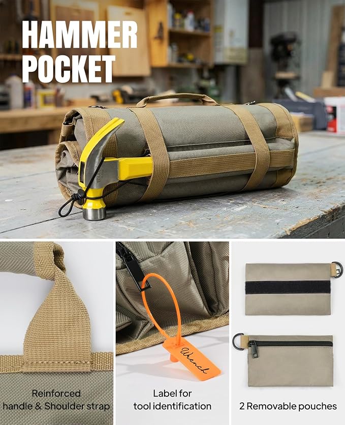 Tool Roll Up Bag, 1680D Heavy Duty Tool Bag Organizer with 2 Detachable Tool Pouches & Multiple Pockets, Waterproof Motorcycle Tool Roll for Mechanic & Electrician, Gift for Men Him Dad, 21.9"*13.8"