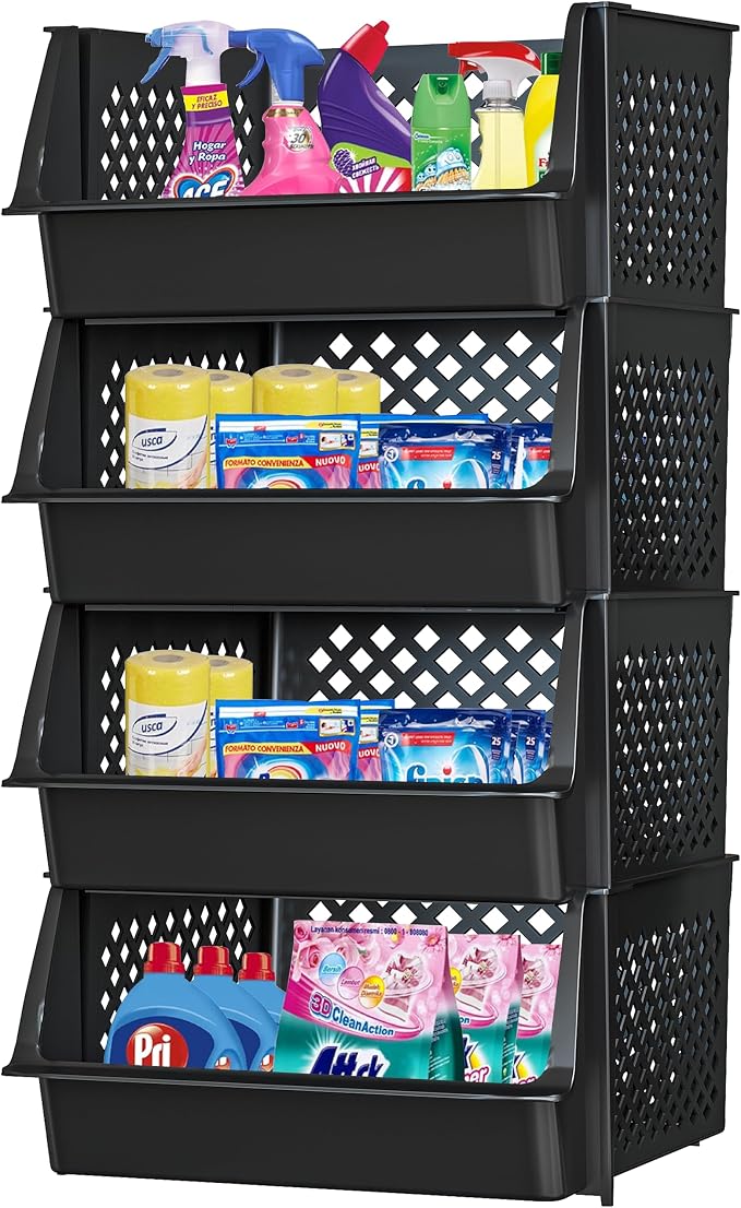 Large Stackable Storage Bins Open Front for Pantry Storage, 4 Pack - Black | Sturdy Plastic, Easy Stacking, Open Front Access, Ventilated Sides, Vertical & Space Saving Pantry Organizers and Storage Bin
