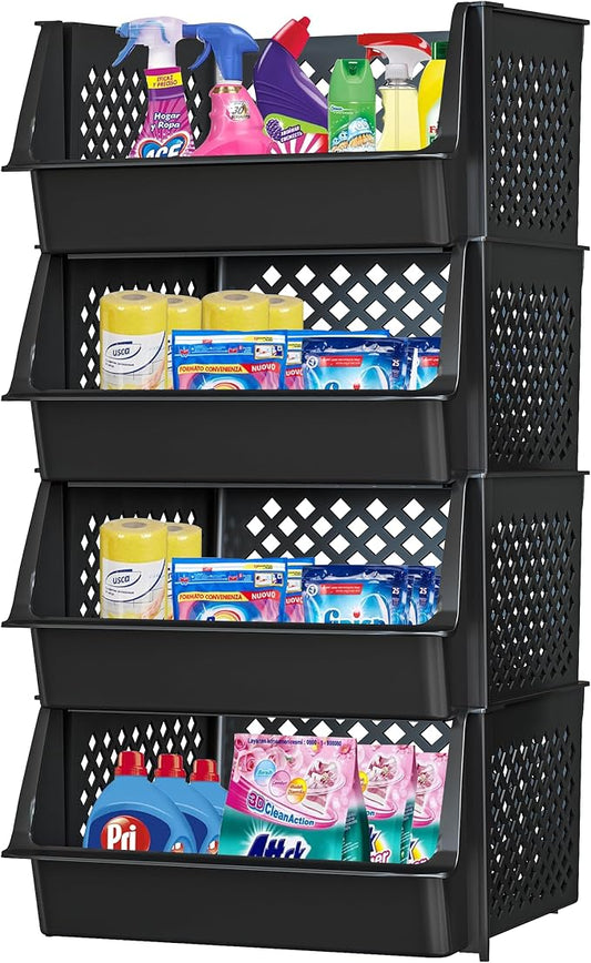 Large Stackable Storage Bins Open Front for Pantry Storage, 4 Pack - Black | Sturdy Plastic, Easy Stacking, Open Front Access, Ventilated Sides, Vertical & Space Saving Pantry Organizers and Storage Bin