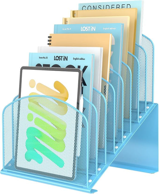 Sinboun Inclined Desk File Organizer Folder Holder with 8-Section, Blue