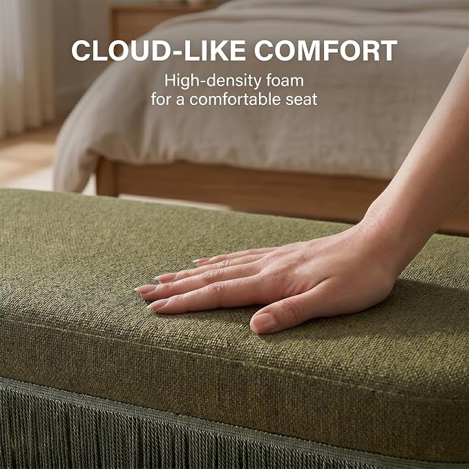 39.4“ Boho Storage Ottoman Bench with Tassels,Upholstered End of Bed Bench | Linen Oval Ottoman with Storage, Entryway Foot Rest for Bedroom, Lift-Top Lid with Safety Hinge, Living Room& Window, Green