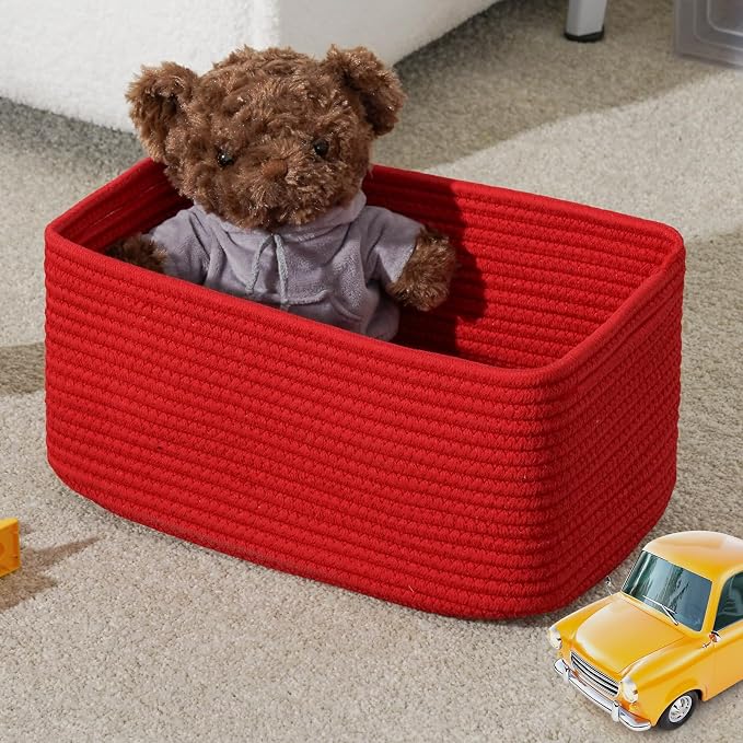 3-Pack Storage Baskets for Organizing | Woven Shelf Toy Basket | Rope Baskets for Gifts Empty | Closet Organizer Bins with Handles | Cube Decorative Box | 13.7×7.1×6.7” | Red