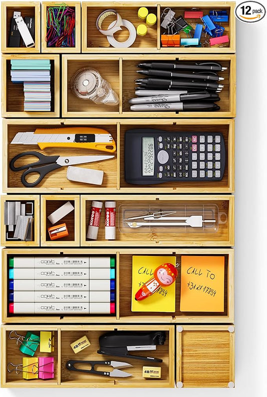 12-Piece Bamboo Desk Drawer Organizer Set – Adjustable Storage Boxes with 24 Compartments, Non-Slip, Modular Design for Office, Jewelry, Vanity, and Kitchen Utensil Drawer Storage
