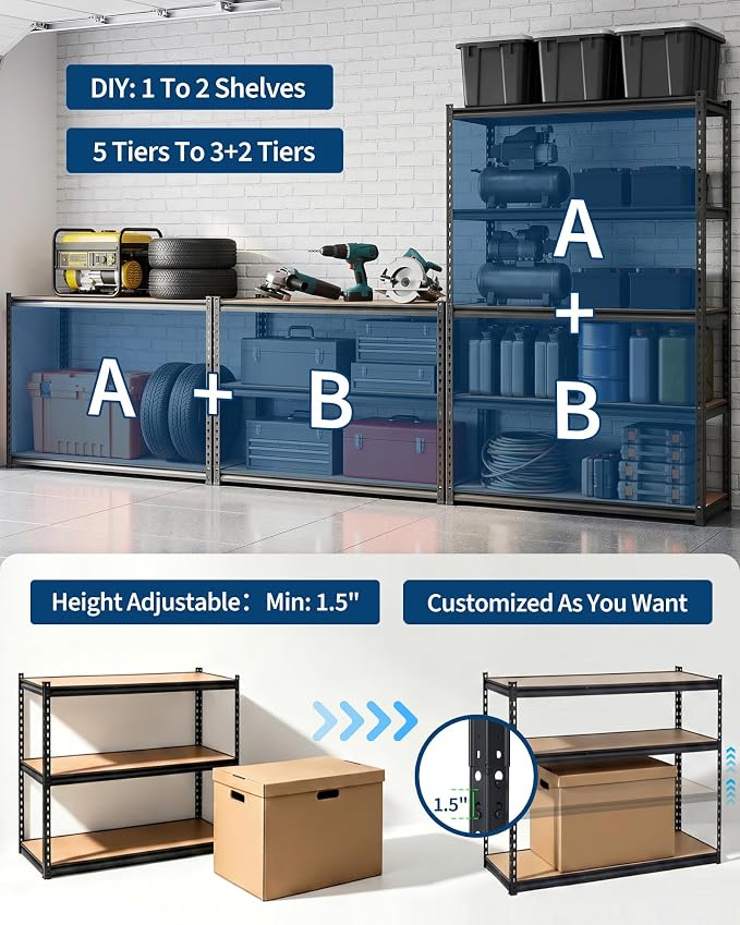 Garvee 5-Tier Storage Shelving Unit, 48" W x 18" D x 72" H, 2500 lbs Load | Carbon Steel Utility Shelves, Adjustable Metal Freestanding Garage Shelf for Pantry, Basement, Warehouse, Heavy Duty