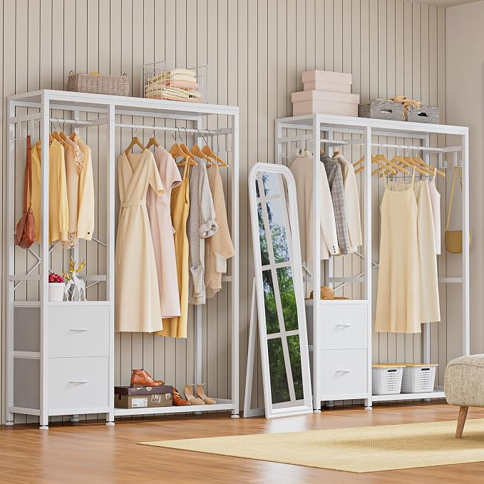 Lulive Clothes Rack with 2 Rods, Shelves, Drawers & Hooks, Garment Rack | Clothes rack with 2 hanging rods (50lbs each), 2 shelves, 2 fabric drawers & 4 hooks. 300lb total capacity. Fits small spaces