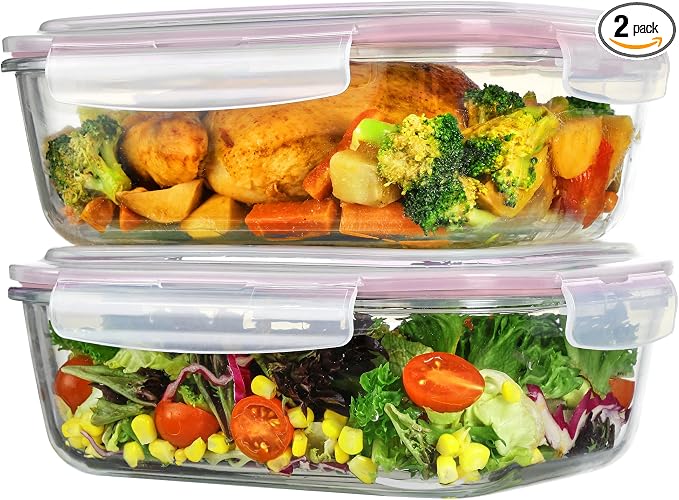 Vtopmart 2Pack 2260ml/76.4oz Extra Large Glass Storage Containers, Pink | Meal Prep Food Container Set with Snap Airtight Lids, Microwave, Oven, Freezer, Dishwasher Safe, Baking, BPA Free
