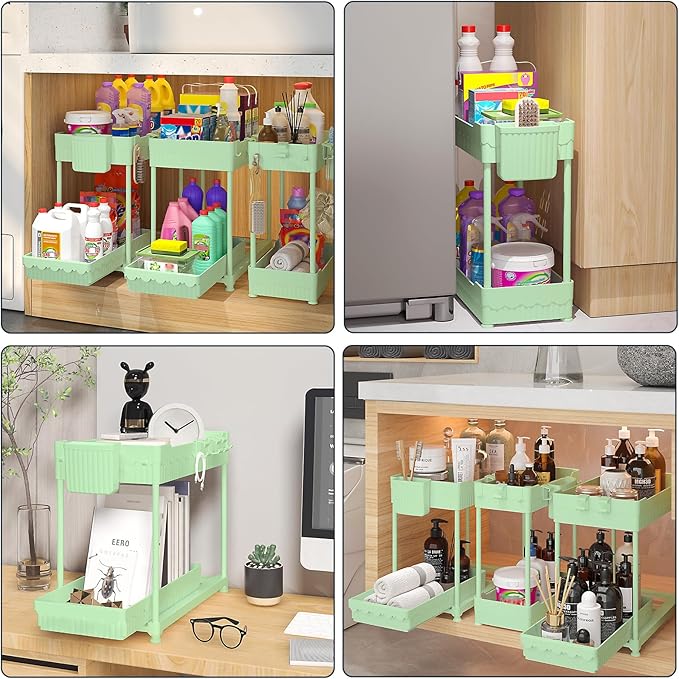 Sevenblue 3 Pack Under Sink Organizers, 2-Tier Multi-Use Kitchen and Bathroom Organizers and Storage with Sliding Drawers, Bathroom Cabinet Organizer (Green, 14.8 Inch)