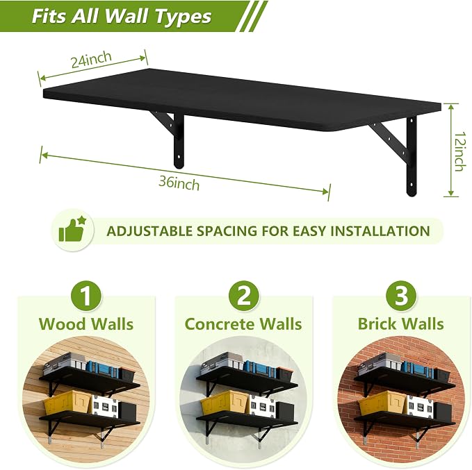Dogsky 2-Pack Garage Storage Shelving Wall Mounted, 3x2Ft (36x24In) Heavy Duty Wood Floating Wall Shelf, 300lbs Capacity Shelves for Garage, Closets, Utility Rooms and Kitchens, Black