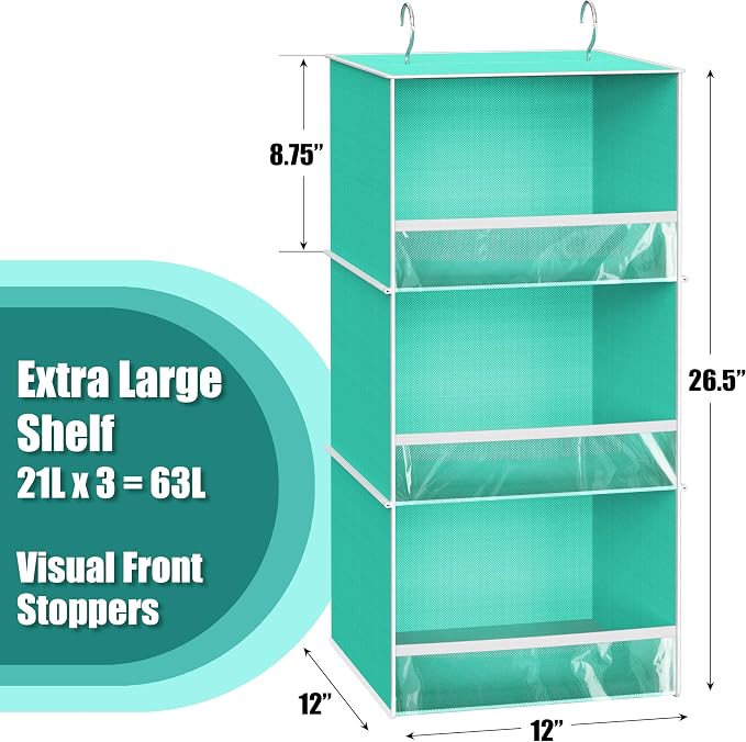 Simple Houseware 3 Shelf Hanging Closet Organizer, Turquoise | 3 Shelf Hanging Closet Organizer with Front Stopper