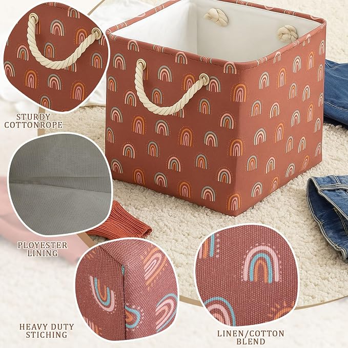 6 Pack Boho Rainbow Storage Bins, 11 Inch Cube Fabric Storage Basket | Foldable Fabric Cube Baskets with Reinforced Handles, Boho Rainbow Nursery Hamper, for Shelves, Closets, Room Organization