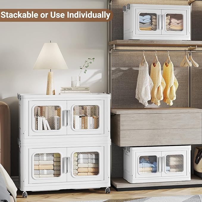 BROVIEW 50 Qt/12.5 Gal Stackable Storage Bins with Lids, 1 Pack, White | Small Stackable Storage Boxes w/ 1 Lid Folding Plastic Cart Organizer for Home Kitchen, Open Front Clear Door with Wheels