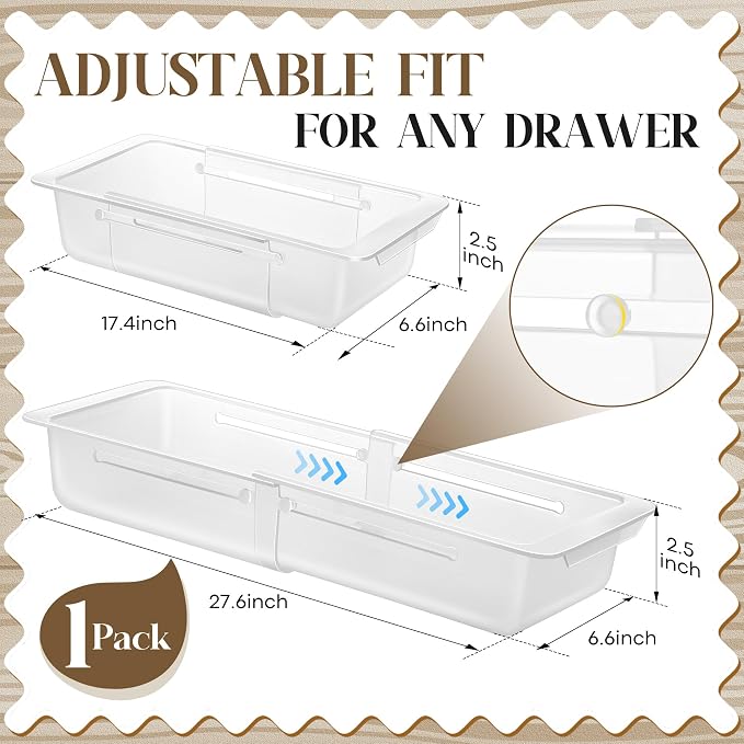 1 Pack Adjustable Deep Drawer Organizer Storage Bin(17" to 27”) | Expandable Drawer Storage, Adjustable Size, Kitchen Cabinet Organization