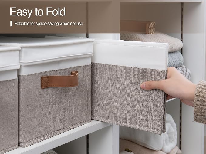 StorageWorks Fabric Storage Bins with Lids, Decorative Storage Bins with PU Handles, Foldable Storage Baskets for Closet, Shelves, Stackable and Sturdy Organization, Brown and White, Jumbo, 3-Pack