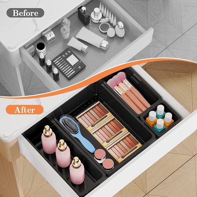 SpaceHacks 25 PCS Plastic Drawer Organizer Set, 4-Size Versatile Organizer Trays & storage Bins for Makeup, Jewelry, and Gadgets in Bathroom, Bedroom and Office, Black