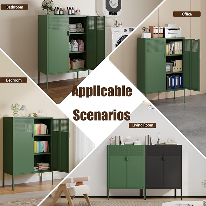 3-Tier Metal Storage Cabinet with 2 Adjustable Shelves & Mesh Doors | Metal Locker Accent Cabinet with Legs, Green Storage Cabinets, Metal TV Stand Cabinet for Home Office, Entryway & Hallway