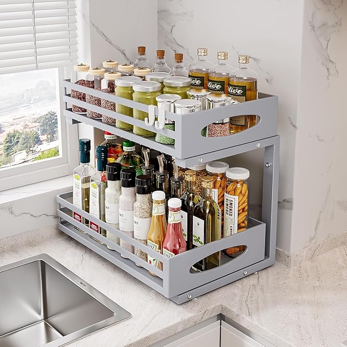 Under Sink Organizer, 2 Tier Under Sink Organizers and Storage, Adjustable Height, Slide out Metal Cabinet Organizers, Pull out Cabinet Storage Drawer Shelf for Kitchen Bathroom (Gray, 2 Pack)