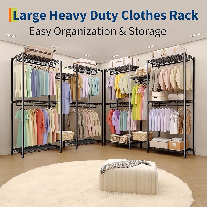 Heavy Duty Garment Rack Stable Clothes Rack for Hanging Clothes Wardrobe Closet with Adjustable Shelves & 5 Hanging Rods 76.5" H x 73.6" L x 17.4" W