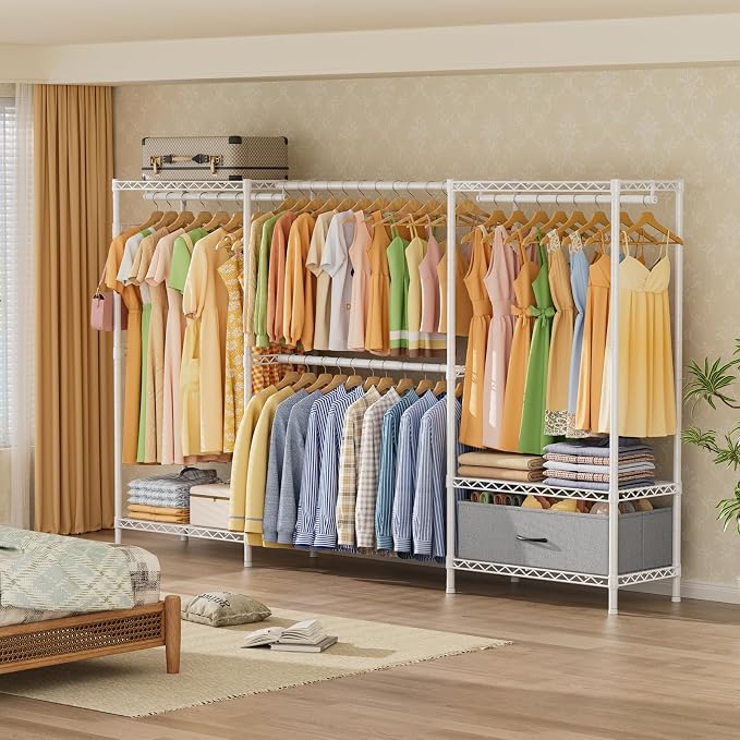 Golpart Heavy Duty Clothing Rack with Adjustable Shelves Clothes Wardrobe | Coat Rack Metal Closet Organizer and Storage Garment Rack for Hanging Clothes Wire Portable Cloth System Free Standing White