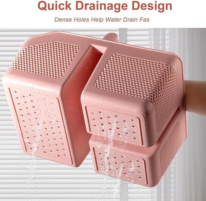 Plastic Shower Caddy Portable Shower Basket with Bamboo Handle, Pink | Cleaning Caddy Organizer Storage Tote for Bathroom, College Dorm Essentials, Bath Toy Storage