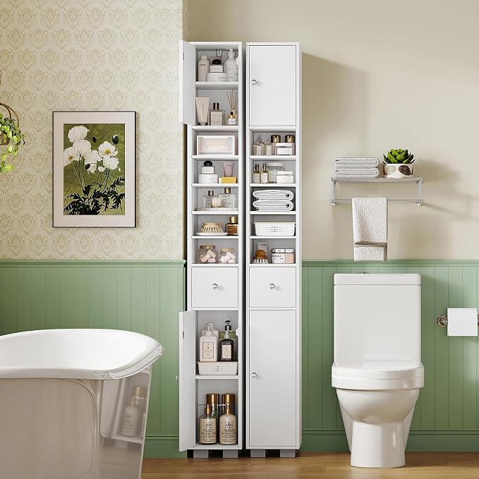 Bathroom Cabinet, Narrow Bathroom Storage Cabinet with 5 Adjustable Shelves & Drawer, Freestanding Cupboard for Small Spaces, White