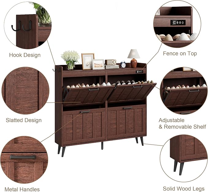 ChooChoo Shoe Storage Cabinet with 4 Flip Drawers and Deodorizer | Shoe Organizer Storage for Entryway, Freestanding Hidden Slim Narrow Shoe Rack Cabinet, Walnut