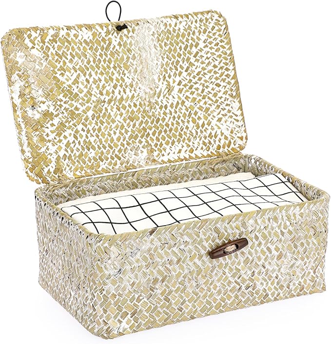 Hipiwe Small Woven Wicker Shelf Basket Bin with Lid Natural Seagrass Basket | Basket Storage Boxes for Shelf, Multipurpose Home Organizer Bins for Closet Bedroom Living Room Home Decor, Whitewash