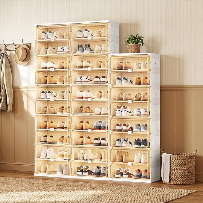 JEKO&JEKO 8 Tiers Foldable Shoe Rack Organizer Cabinet for Closet Entryway, Large Collapsible Shoe Storage Box with Magnetic Doors (White)