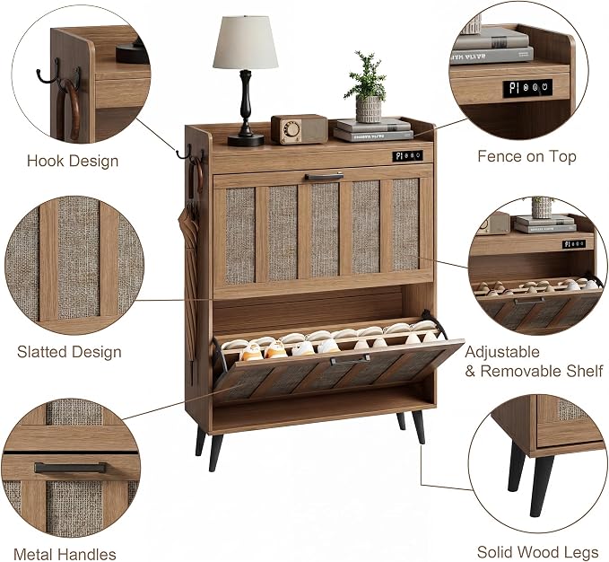 ChooChoo Shoe Storage Cabinet with 2 Flip Drawers and Deodorizer | Shoe Organizer Storage for Entryway, Freestanding Hidden Slim Narrow Shoe Rack Cabinet, Rustic Oak