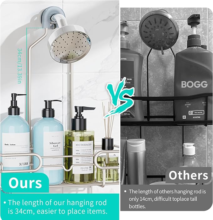 HapiRm Hanging Shower Caddy Organizer - Bathroom Organizer with 12 Hooks and Soap Holder, Rustproof Shower Shelf over Shower Head - Brushed Nickel