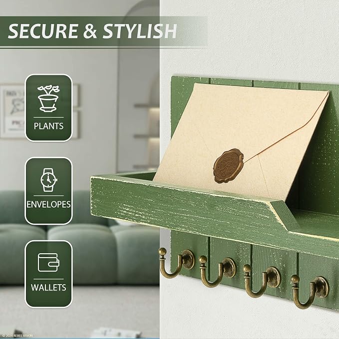Rebee Vision Key Holder Wall Mount with Shelf &7 Hooks for Entryway, Green | Pine Wood, Farmhouse Key Holder for Wall, Mail and Perfume Display, Rustic Key Hanger, Apartment Essential, Room Decor Accent