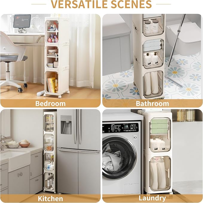 3-Tier Slim Narrow Bathroom Storage Cabinet, Cream White | Tool Free Assembly, Adjustable Shelves, Fits for Narrow Spaces, Reinforced Stability, Magnetic Clear Door