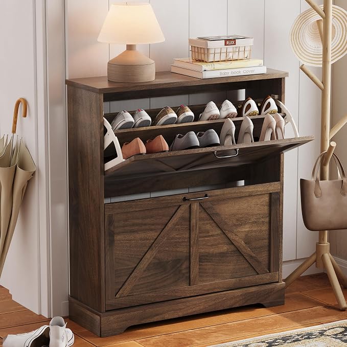 Semiocthome Farmhouse Shoe Storage Cabinet with 2 Flip Drawers, 31.5"(W) Freestanding Shoe Organizer with Barn Door and Metal Handles for Entryway, Corner Rustic Narrow Shoe Rack Cabinet - Walnut
