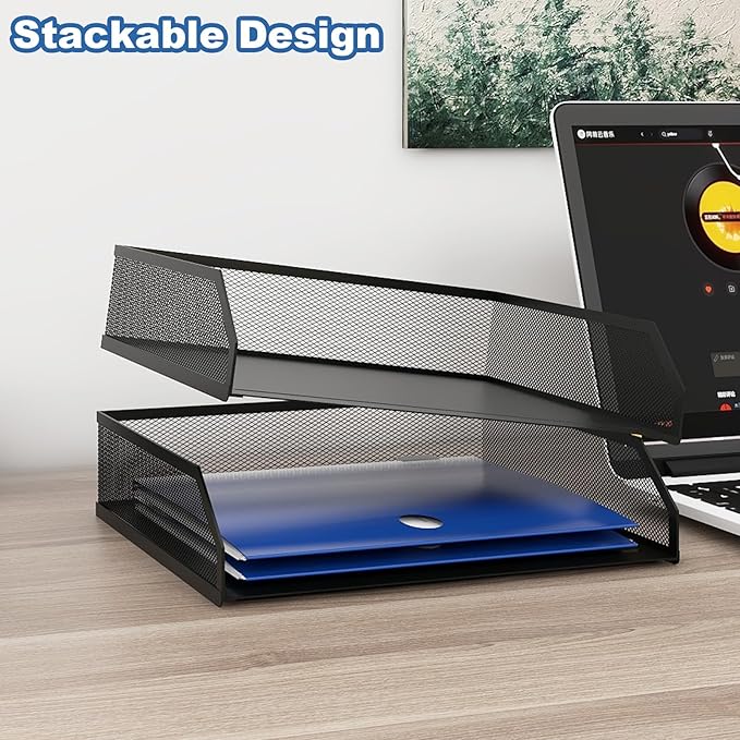 Natwind 2-Tier Stackable Metal Mesh Paper Organizer with Sliding Tray,Black | Desk Organizer for Office Supplies, Letter Tray For Desktop,File Holder For Home School Classroom Organization