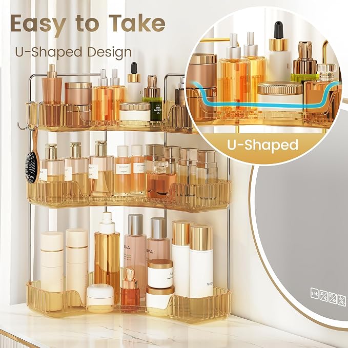 3 Tiers Bathroom Corner Organizer,Bathroom & Kitchen Storage Tray | Storage Countertop with Hooks Skin Care Exquisite Vanity Organizer Countertop Bathroom Storage Dresser, Kitchen-Gold