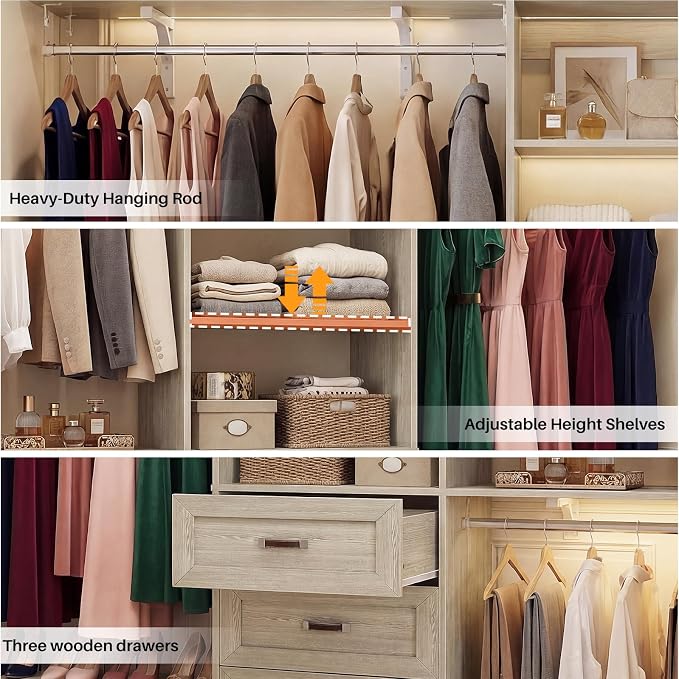 8FT Closet System with 3 Curved Drawers, 96'' Wooden Walk-in Closet Organizer with 3 Top Shelves, Adjustable Organizer System with 3 Hanging Rods, Built-in Wardrobe Storage Rack for 4-8 ft, White Oak