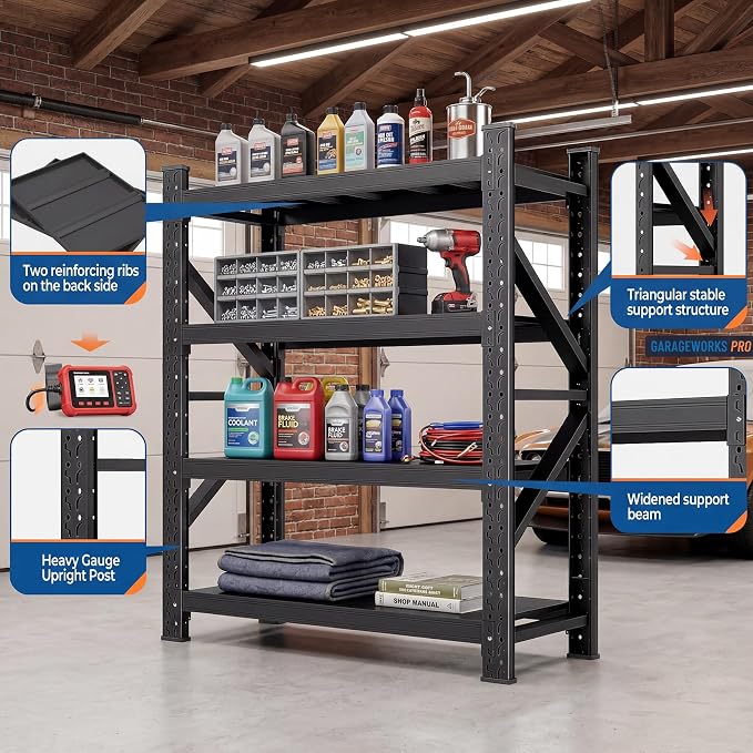 Heavy Duty 4-Tier Metal Garage Storage Shelving Unit | 5000 LBS Capacity, 69.6"H×59.8"W×23.6"D Rectangular Storage Rack for Garage, Warehouse & Basement