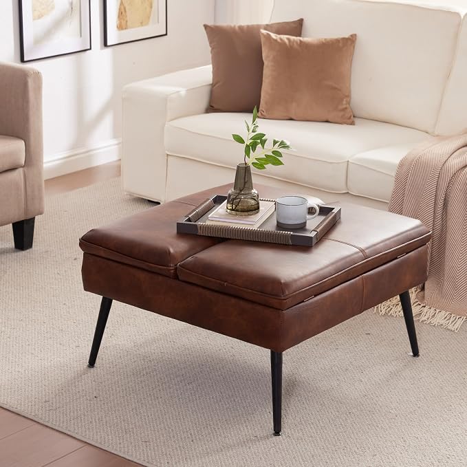 Square Ottoman with Storage Coffee Table Large Upholstered Brown | Mid-Century Modern Ottoman w/ Double Flip-Lid Metal Legs Padded Seat for Living Room Bedroom, Faux Leather, Loads 660 lbs