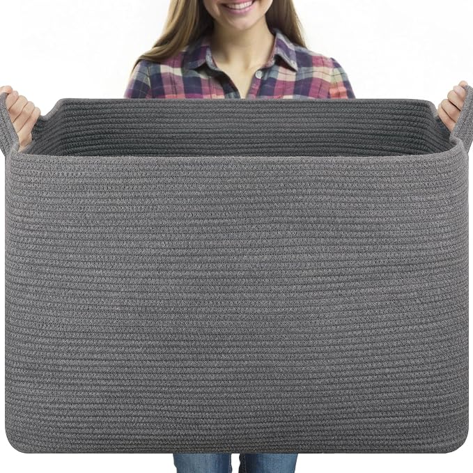 OIASKET 118L Extra Large Blanket Basket, 24.8" x 17.7" x 17.2" Woven Storage Basket for Living Room, Rectangle Nursery Blanket Storage for Toys, Towels, Dirty Clothes (Grey)