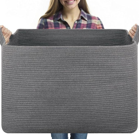 OIASKET 118L Extra Large Blanket Basket, 24.8" x 17.7" x 17.2" Woven Storage Basket for Living Room, Rectangle Nursery Blanket Storage for Toys, Towels, Dirty Clothes (Grey)
