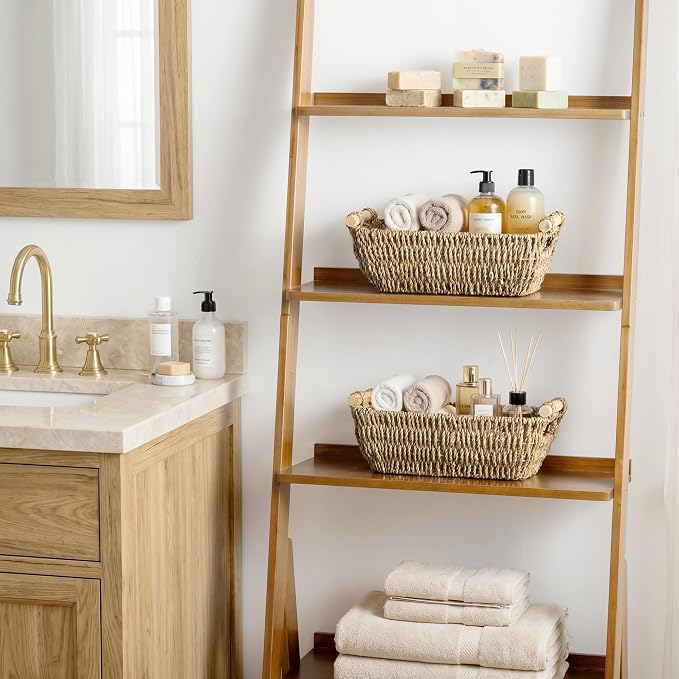 StorageWorks Small Baskets for Shelf, Seagrass Woven Basket with Wooden Handles for Gifts, 2-Pack