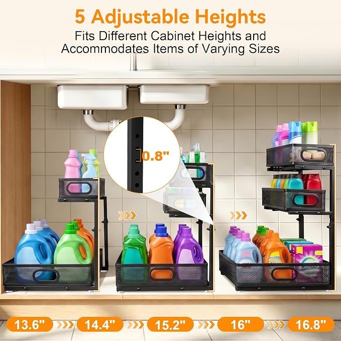 3 Tier Adjustable Under Sink Organizer for Bathroom & Kitchen(2Pack, Black) | 35% More Storage, 5 Adjustable Heights, Sliding Pull Out,No Sliding, Heavy-Duty Steel Frame, Multi-Purpose Cabinet Organizer