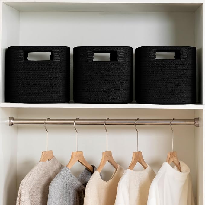 4 Pack Storage Baskets for Organizing, Shelf Baskets with Handles, Black | 14.5"Lx9.8"Wx9"H, Woven Basket, Cotton Rope Basket, Toy Storage, Cube Shelf, Gift Baskets Empty, Home Decor